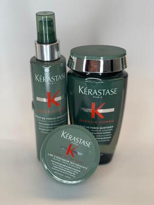 Kérastase GENESIS HOMME trio: šampon, sprej, pasta Genesis Homme Bain de Force Quotiden čisticí a vyživující pro slabé vlasy s tendencí vypadávat